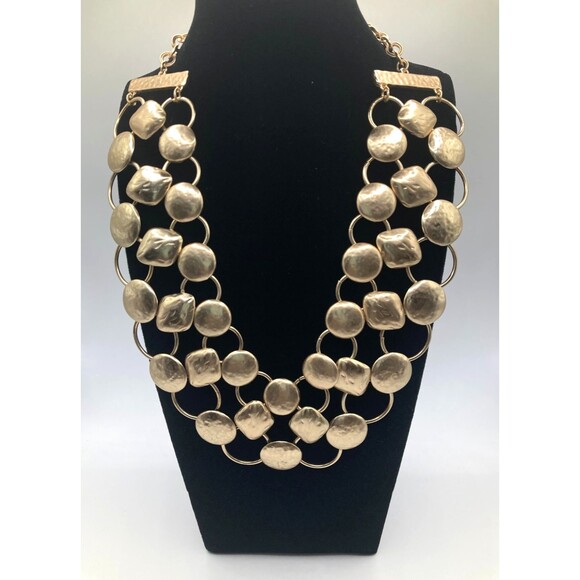 CHICO'S Classic Gold Tone Hammered Circles & Diamonds 16" Bib Statement Necklace - Picture 1 of 6